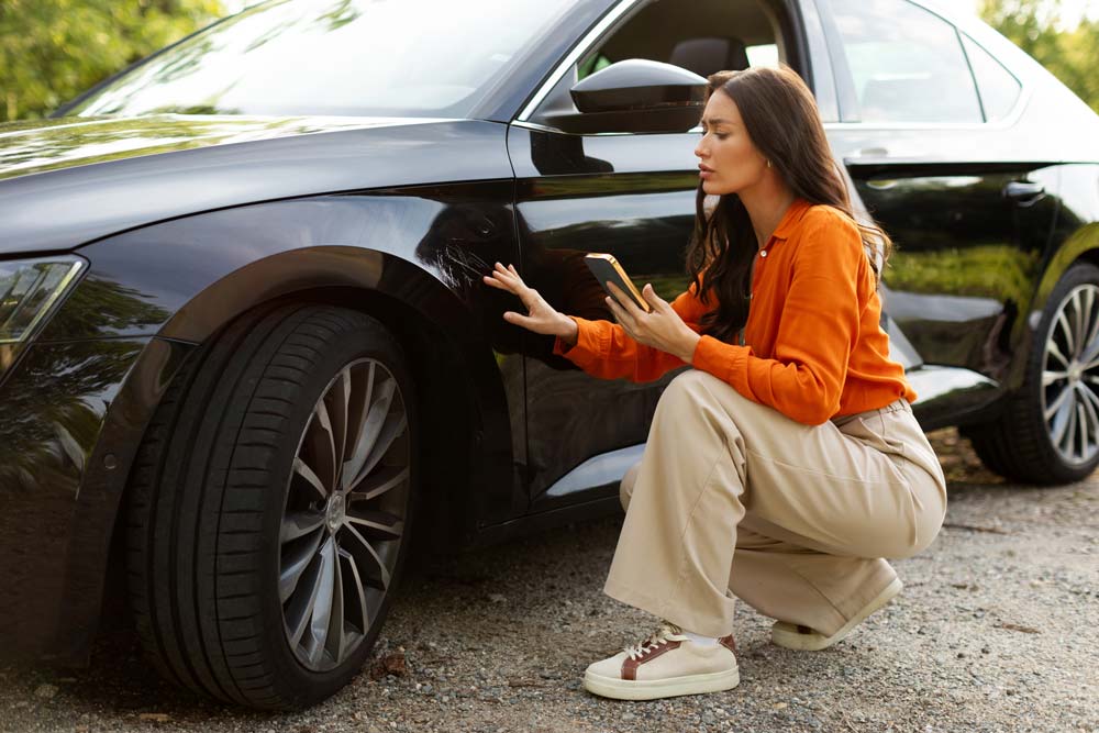 devojka gleda ogrebotina na automobilu